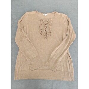 Gap Women’s Cashmere Blend Ruffle Henley Sweater Large Tan Brown Lightweight